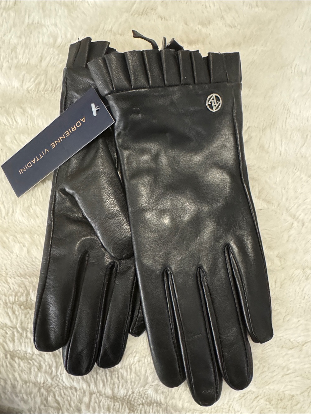 Adrienne Vittadini Black Leather Gloves with Pleated Cuff and Logo